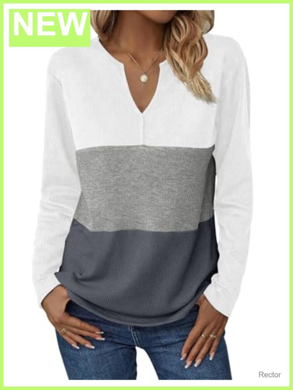 Waffle Knit V Neck Long Sleeve Tunic T-Shirt Color Block Casual Top